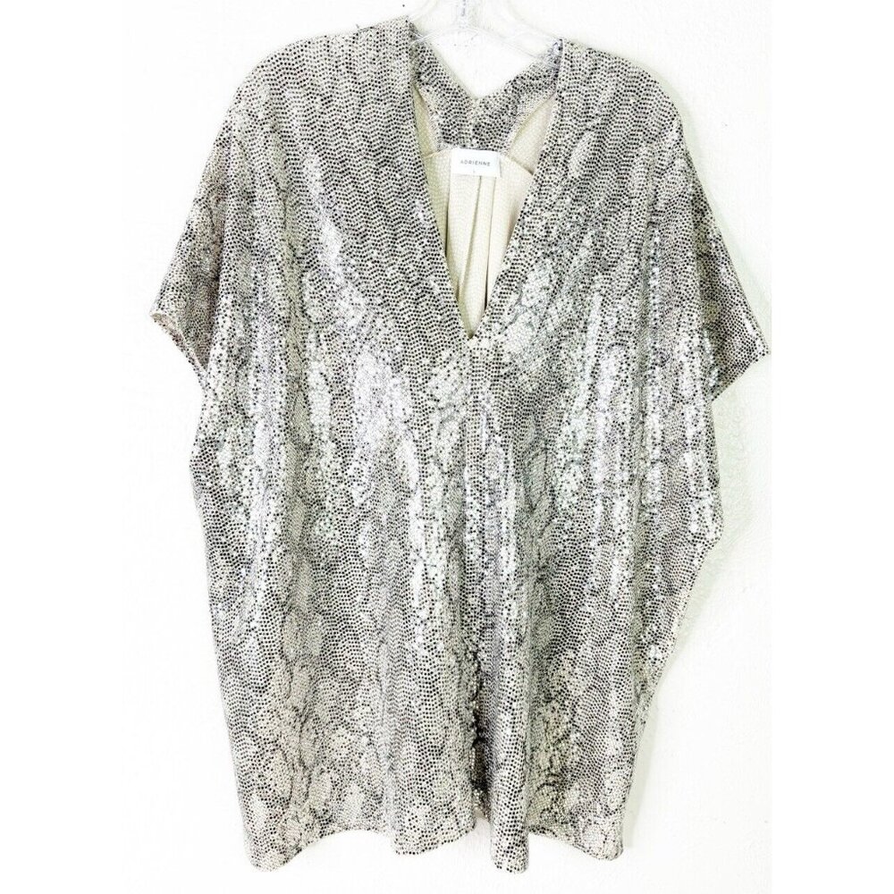 Adrienne Large Snake Print Shiny Glitter New Year Top Oversized V-Neck Gray EUC